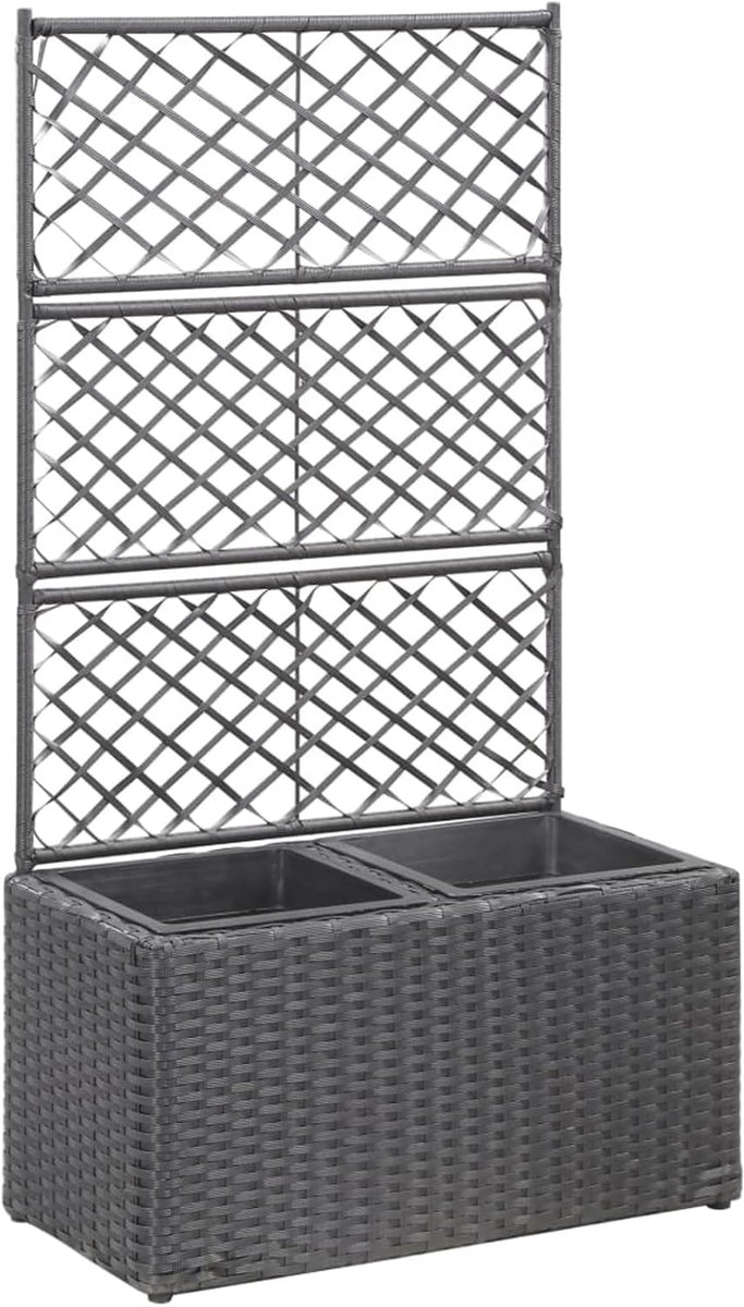 Bloembed met rankrooster met 2 bloempotten, Plantenbak, 58 x 30 x 107 cm, polyrotan, zwart, bloembak met rankrooster voor buiten, balkonbak, hoogslaper, rankrooster voor de tuin