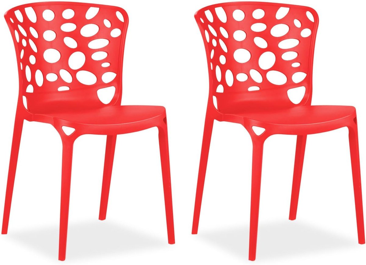 2459 Set van 2 moderne stapelbare tuinstoelen van kunststof, rood
