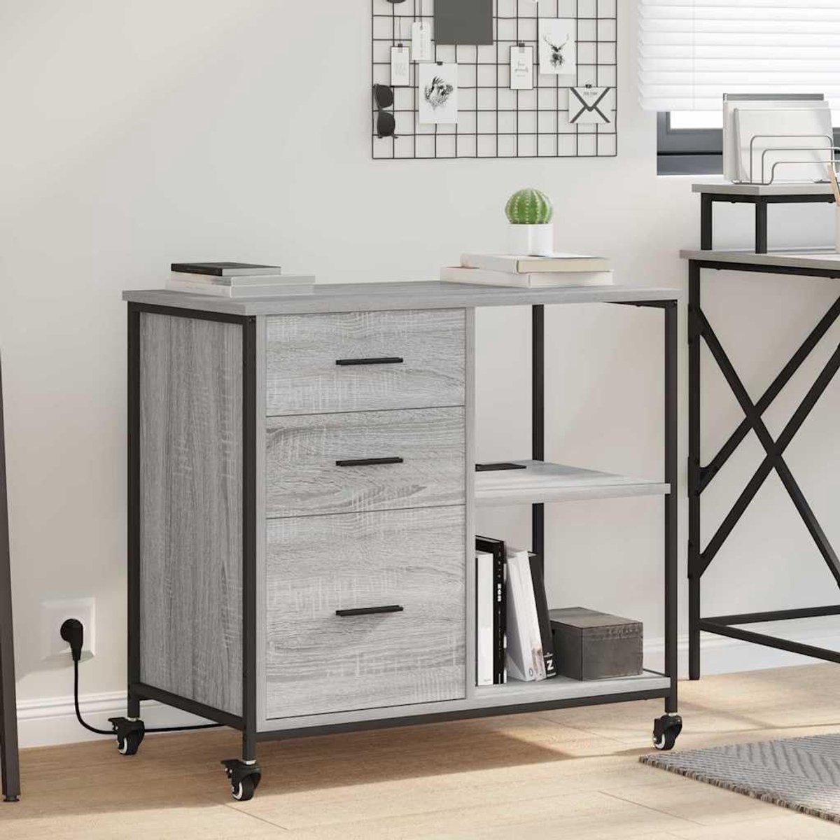 Rolcontainer met laadstation, kantoorkast met 3 laden en 2 planken, mobiele archiefkast van hout in Sonoma grijs, 76 x 41 x 72 cm