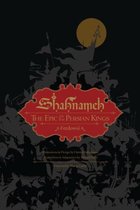 Boekcover van Shahnameh - The Epic of Persian Kings, met een rode gestileerde titel op een achtergrond van strijdende figuren en een gele cirkel.
