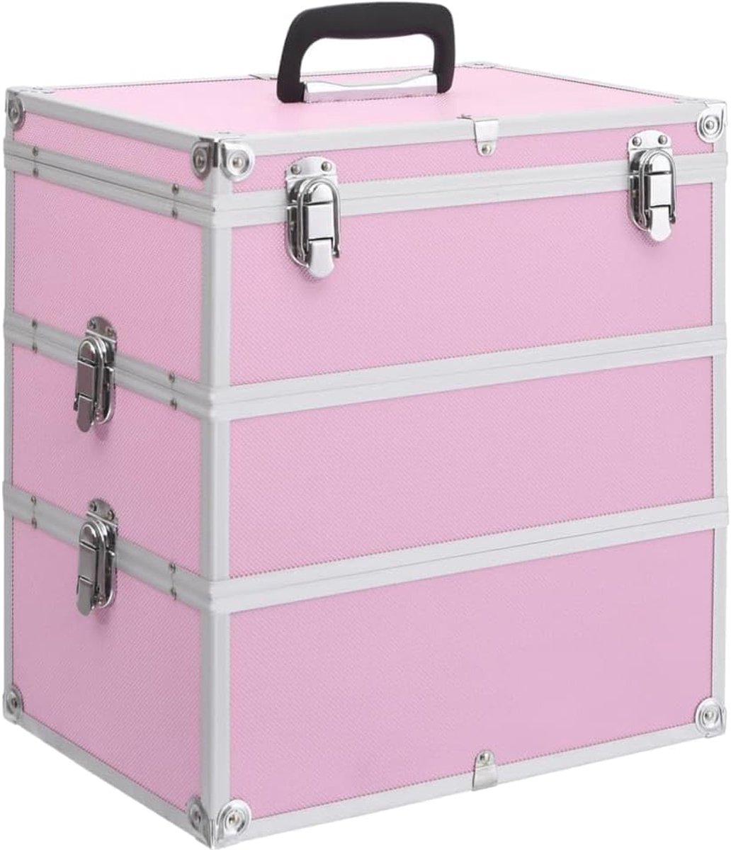 Roze, reis-make-upkoffer met 3 afneembare niveaus, stabiele beauty-case van aluminium en hout, 37 x 24 x 40 cm, roze, 1, Wijnoogst