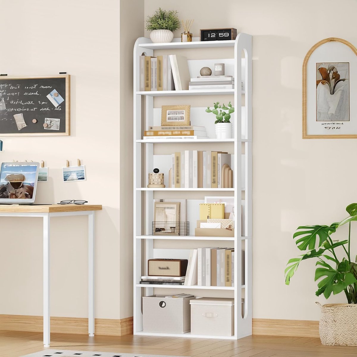 Boekenkast, staande rek, 7 verdiepingen hout, 24 x 60 x 182 cm wit
