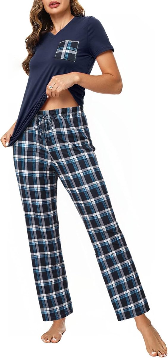 Pyjama voor dames, zomer, katoen, pyjamaset voor dames, V-hals, 2-delig, zachte nachtkleding, T-shirt met korte mouwen en geruite broek, S-XXL