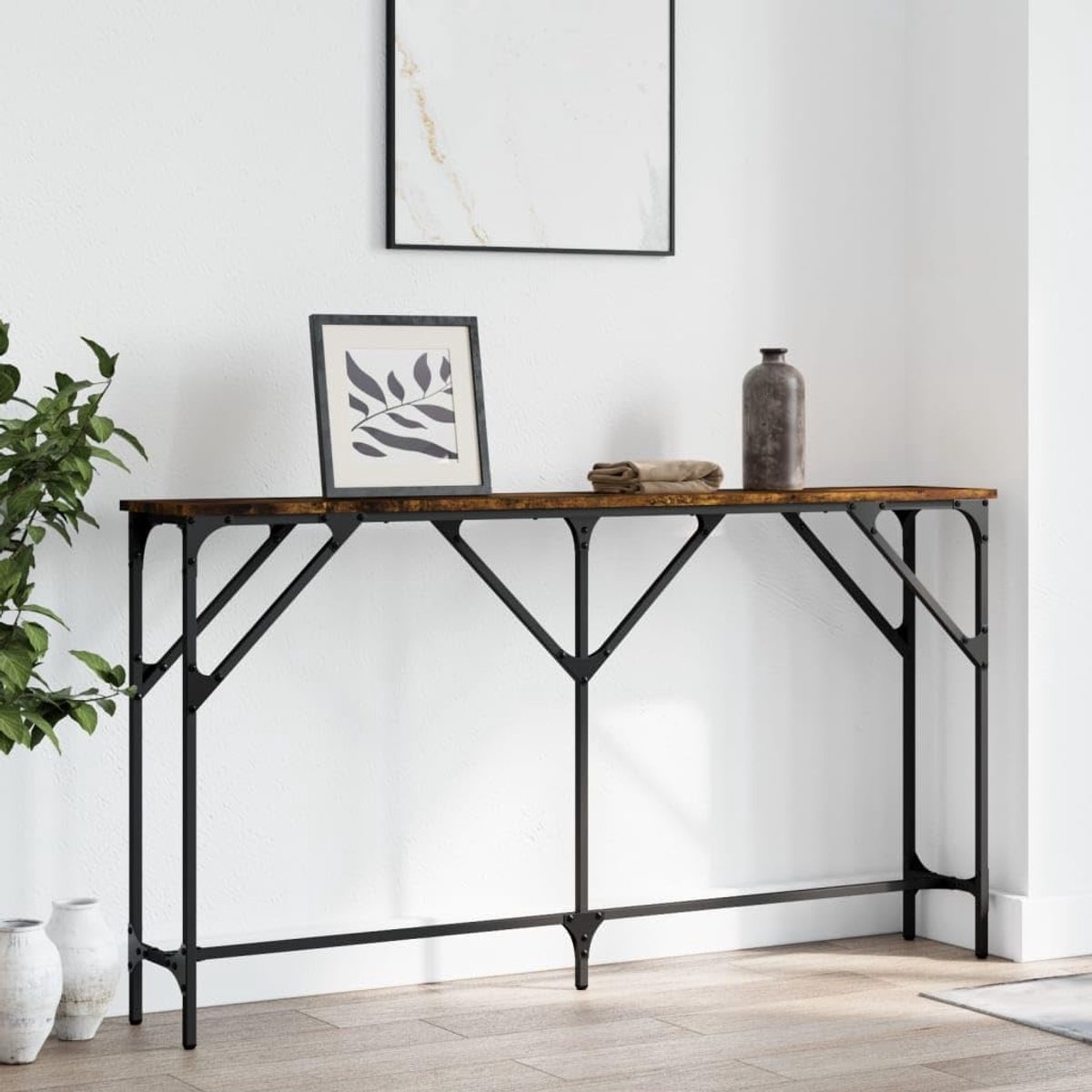 Tafel, console, industrie, meerlaagse houten plaat, rook-eiken, stalen frame, 140 x 23 x 75 cm, consoletafel voor woonkamer, consoletafel in industriële stijl