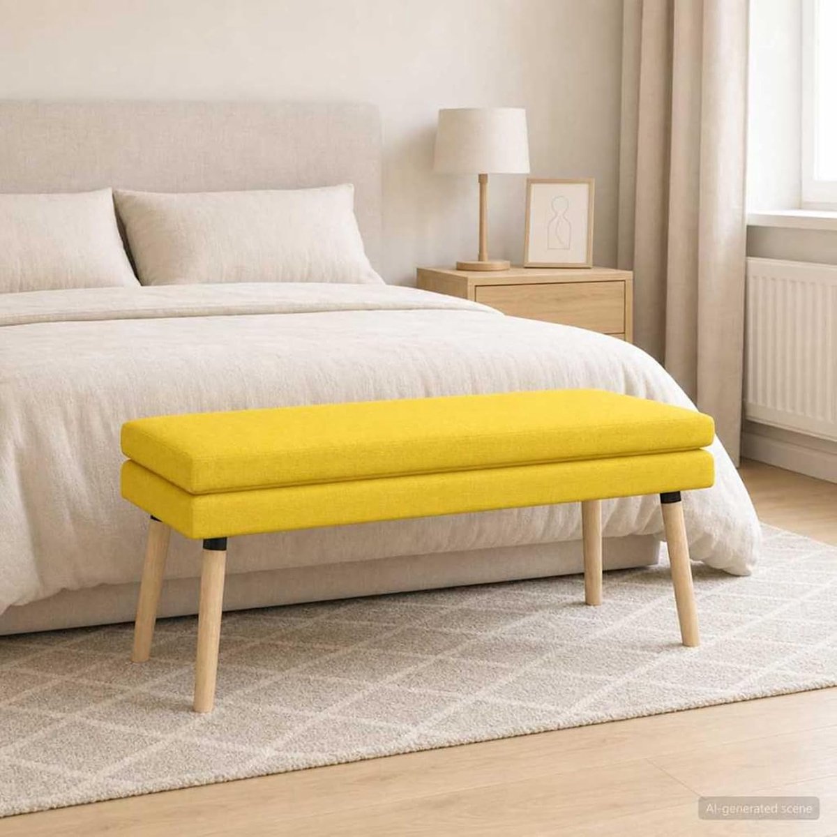 Dubbellaagse bank, lichtgele stoffen bekleding met opbergruimte, 110 x 40 x 47 cm, voor woonkamer, slaapkamer, hal, entree