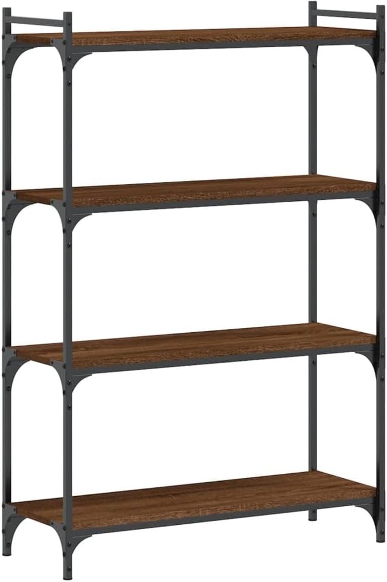Boekenkast 4 planken bruin eikenlook, 80x30x120cm houtmateriaal met metalen frame, verstelbare poten en veel opbergruimte voor boeken en decoratie