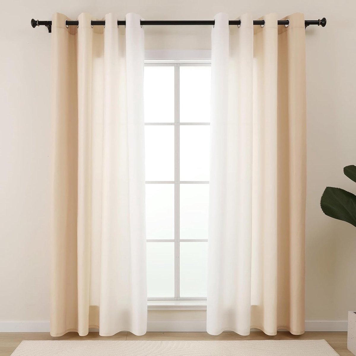 Gordijnen, beige, inkijkbescherming, lichtdoorlatend, kort, beige wit, gordijnen voor slaapkamer en woonkamer, set van 2, kleurverloop, gordijnen, privacy, gordijn met inslagringen, 140 x 175 cm