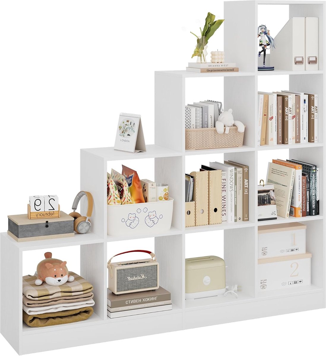 Boekenkast Met 10 Kubussen, Open Compartimenten, 4-Tier Planchet, Verstelbare Panelen, Kast, Kubusplank, Opstapplank, Display Organiser Voor Woonkamer, Kantoor, Slaapkamer, Wit BC24013X