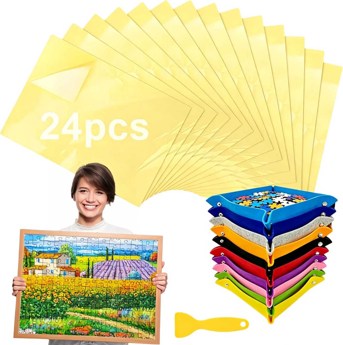 Organizer puzzel vierentwintig lijm voor puzzel, een spatel, kleurrijke vilten dienbladen met knopen, transparante lijm voor dubbelzijdige stickers