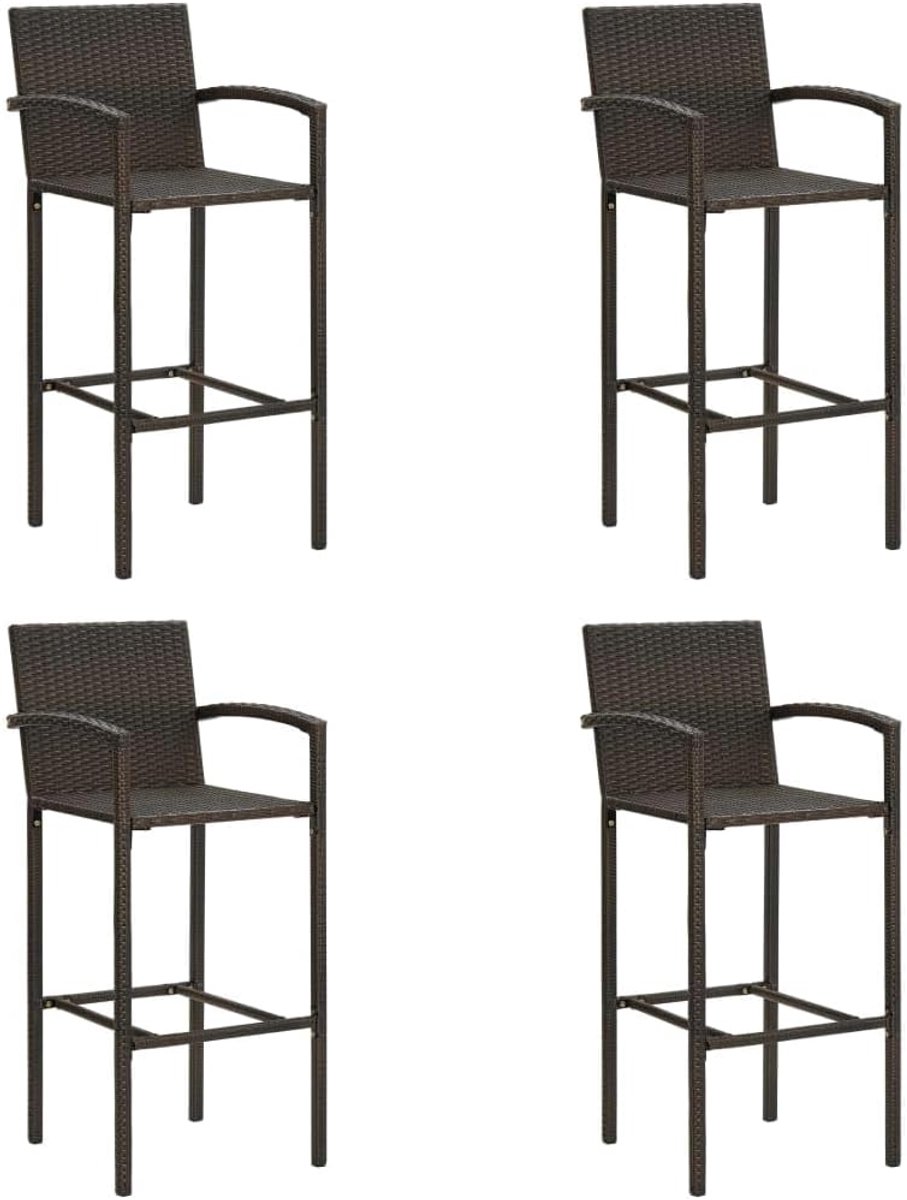 Barkruk van bruin polyrotan met poedercoating stalen frame, 4 stuks, biedt stabiliteit en comfort met geïntegreerde voetensteun.