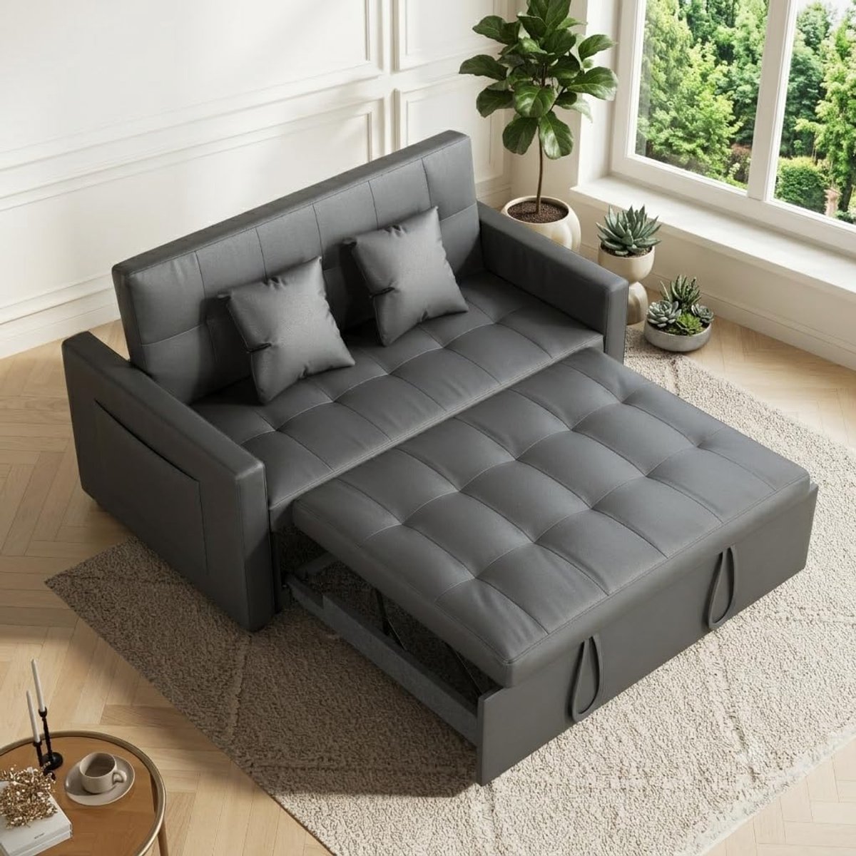 Sofa 140 x 94 cm met slaapfunctie, moderne kleine slaapbank, bedbank 2-zits met kussen, verstelbare rugleuninghoek (100°-135°-180°), superfiber kunstleer