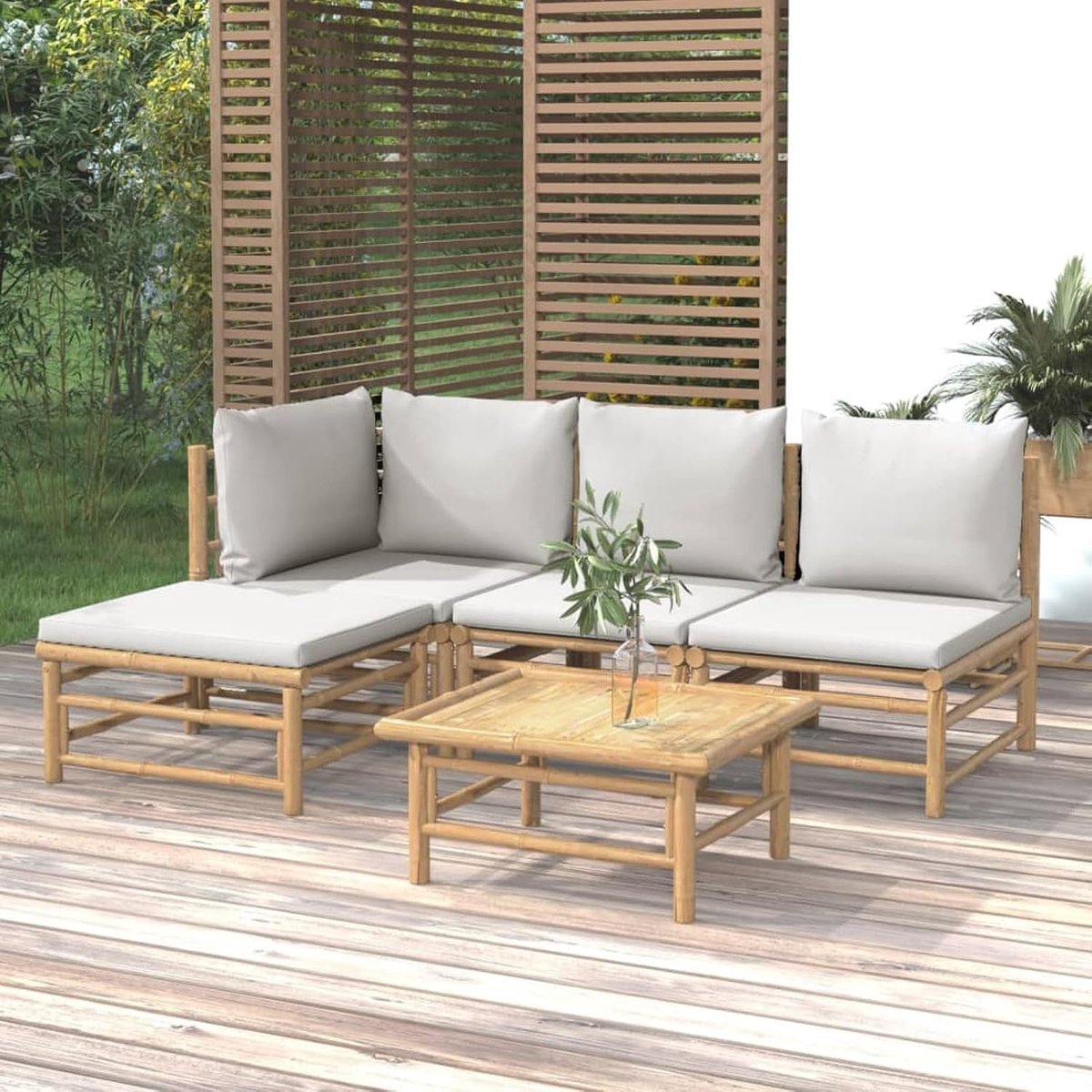 Tuinmeubelen voor buiten, 5-delig, tuinstoel, tafel voor buiten, terras, bamboe en kussens, hoek + 2 x middendeel + voetensteun + tafel lichtgrijs