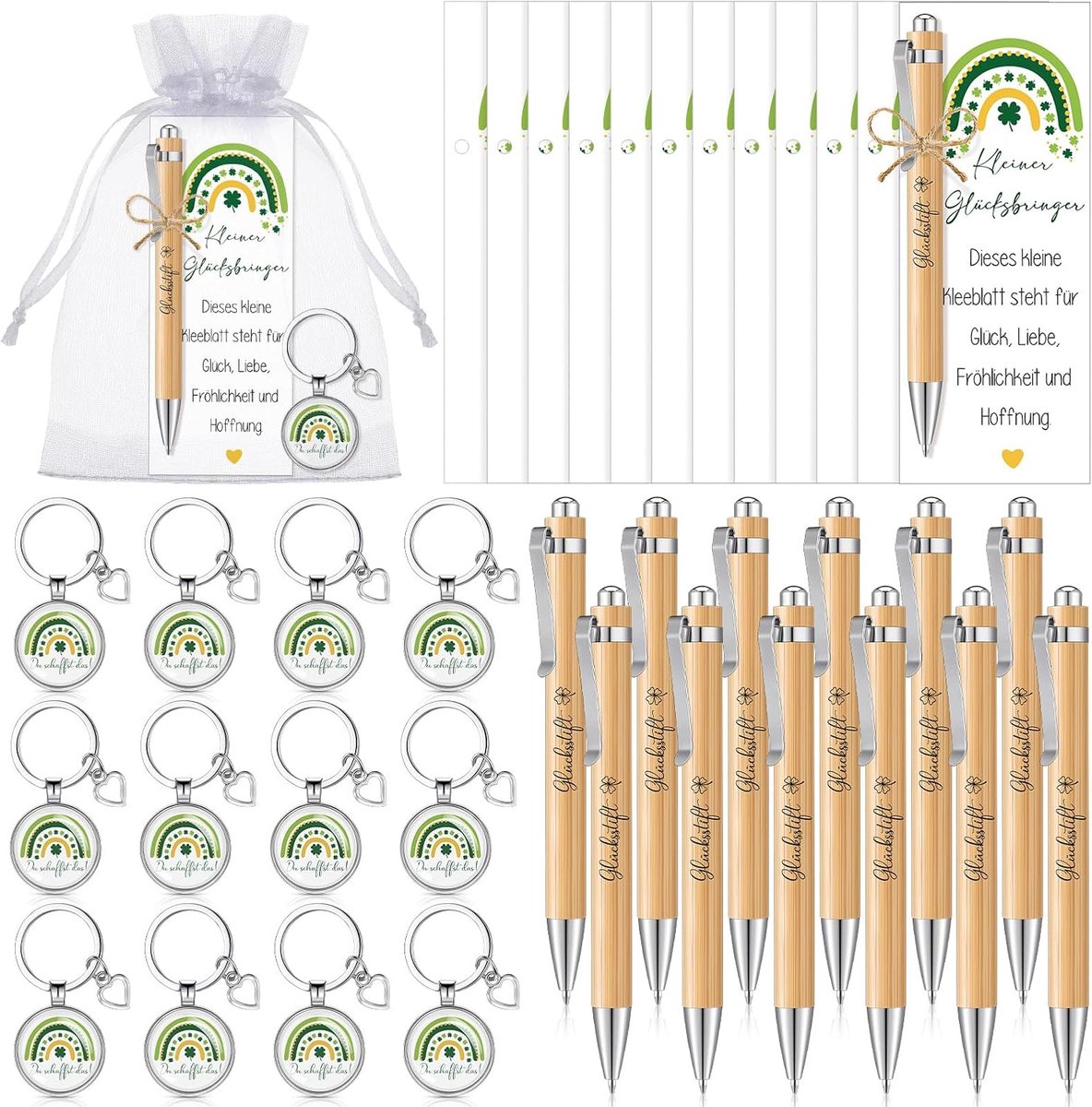 Set van 12 geluksstiften, balpen, cadeaus voor collega's met sleutelhanger, geluksbrenger in de vorm van een klaverblad, afscheidscadeau voor collega's, moed voor de examenvriend