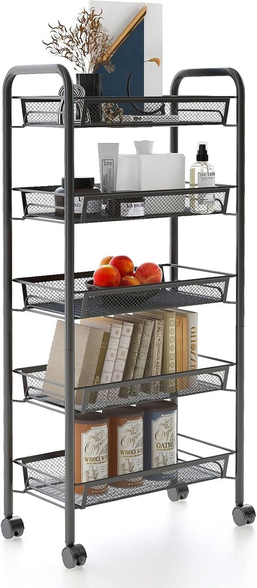 - Opslagwagen, opbergmeubel, 5 lagen, 104 x 46 x 27 cm, zwart, materiaal: ijzer