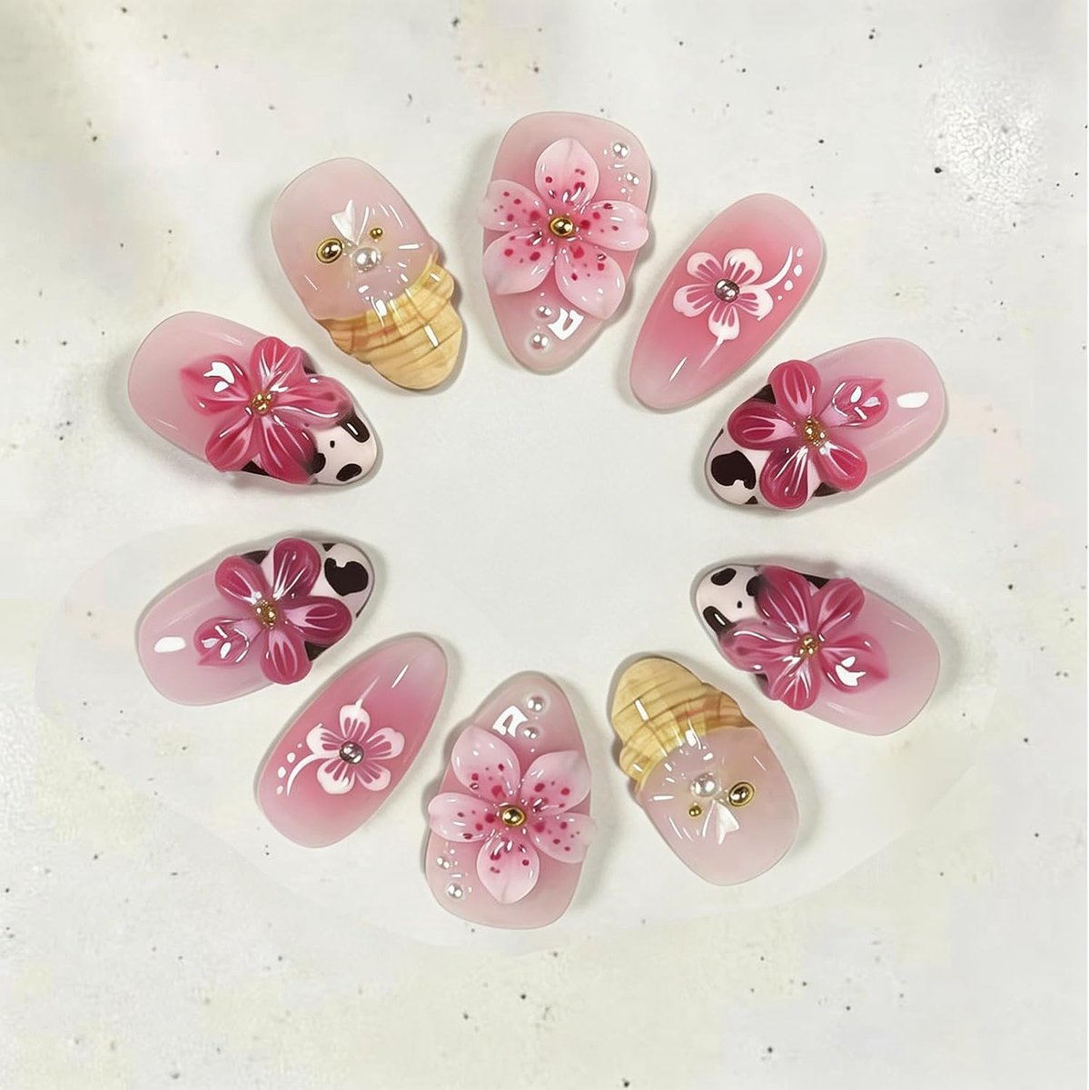 30 stuks korte amandelvormige press-on nagels, 3D-bloemen, kunstnagels met Frans luipaardpatroon, roze blush kleurverloop, vingernagels om op te plakken, set voor vrouwen, met lijmvijl