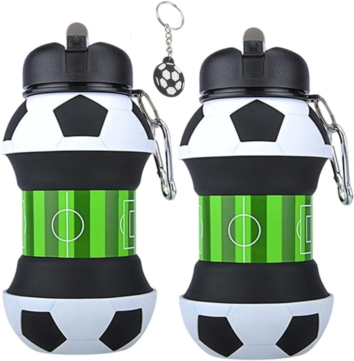2 stuks Opvouwbare waterfles Voetbal met voetbalsleutelhanger, 550ml - BPA-vrij voor jongens en meisjes, BPA-vrij, voor camping, compacte waterbal, origineel cadeau