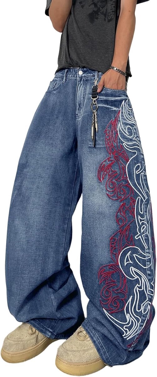 Jeans met borduurwerk, hip hop skater wijde beenvorm, denimbroek, Y2K, streetwear