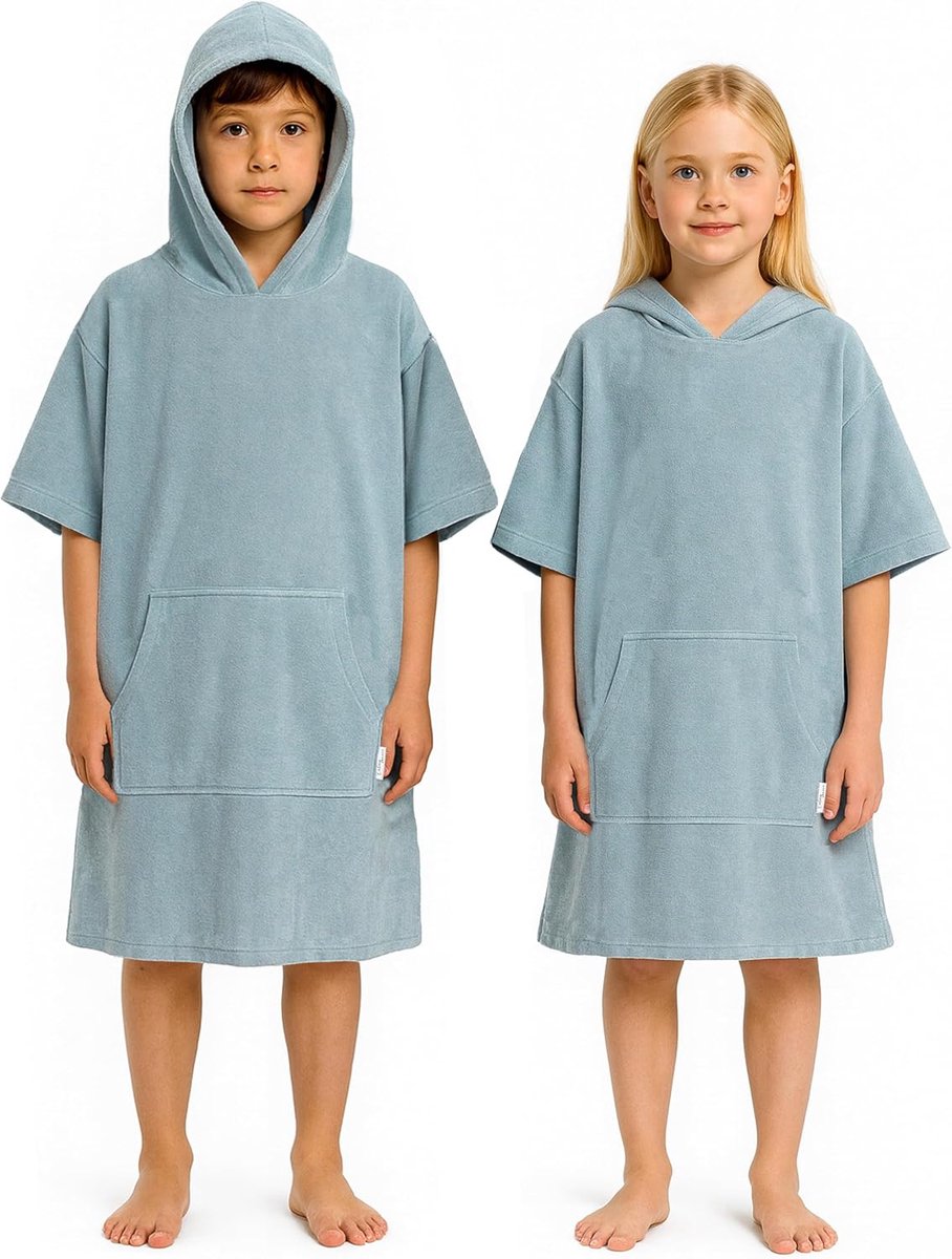 Badponcho voor kinderen, meisjes en jongens, katoenen poncho, handdoek, badhanddoek, badhanddoek, surfponcho, strandponcho, capuchonhanddoek, 10-13 jaar, blauw