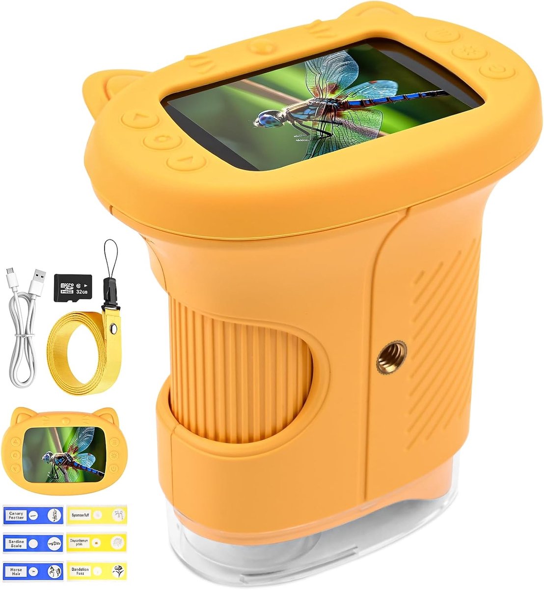 Microscoop voor kinderen, 1000 x digitale zakmicroscoop, draagbare mini-mobiele telefoonmicroscoop met 32 GB SD-kaart, 2,4 inch IPS-scherm, 6 objectglaasjes, cadeau voor kinderen, studenten