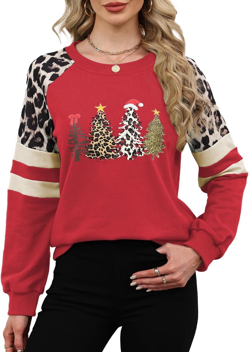 Sweatshirt Dames Katoenen Trui Casual Ronde Hals Tops Patchwork Contrast Luipaard Shirt Blouse voor Herfst Winter Lente