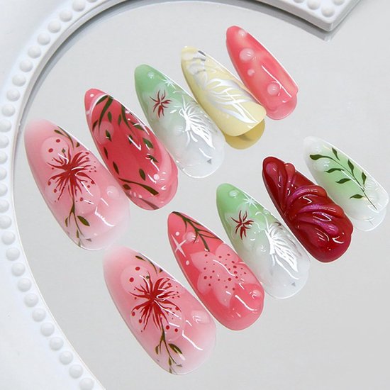 24 stuks press-on nagels, amandelvormig, 3D-bloemen, vingernagels om op te plakken, handgemaakte kunstnagels, acryl, volledige dekking, kunstnagels met nagellijm, Franse kunstnagels voor vrouwen — afbeelding 5