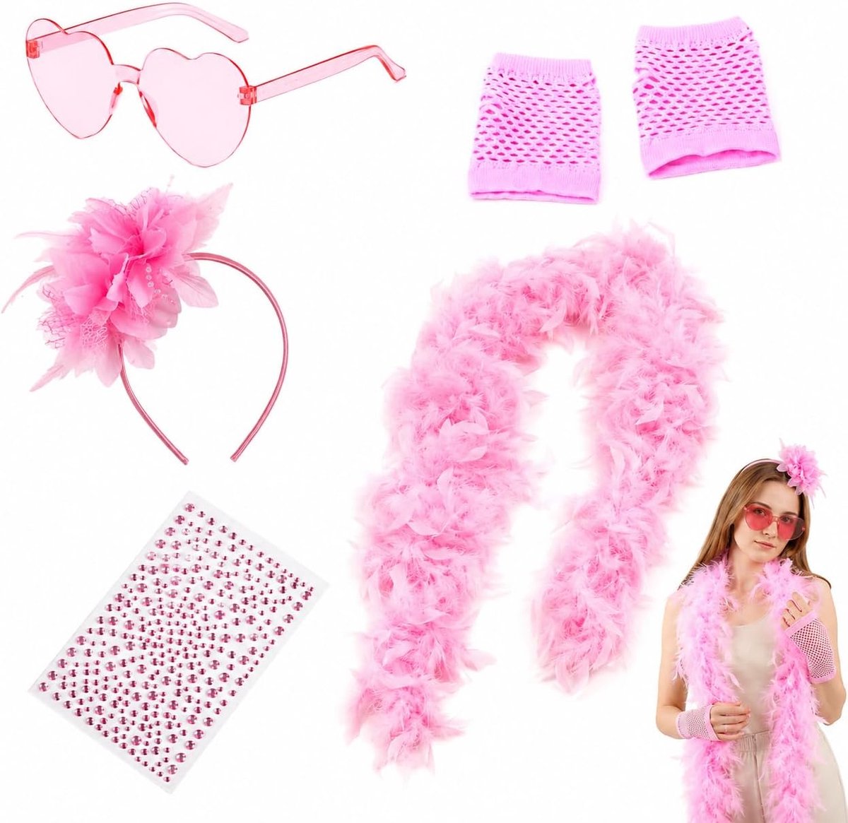 Veren Set voor Dames – 2M Roze Veren Sjaal, Hartvormige Zonnebril, Roze Handschoenen en Meer