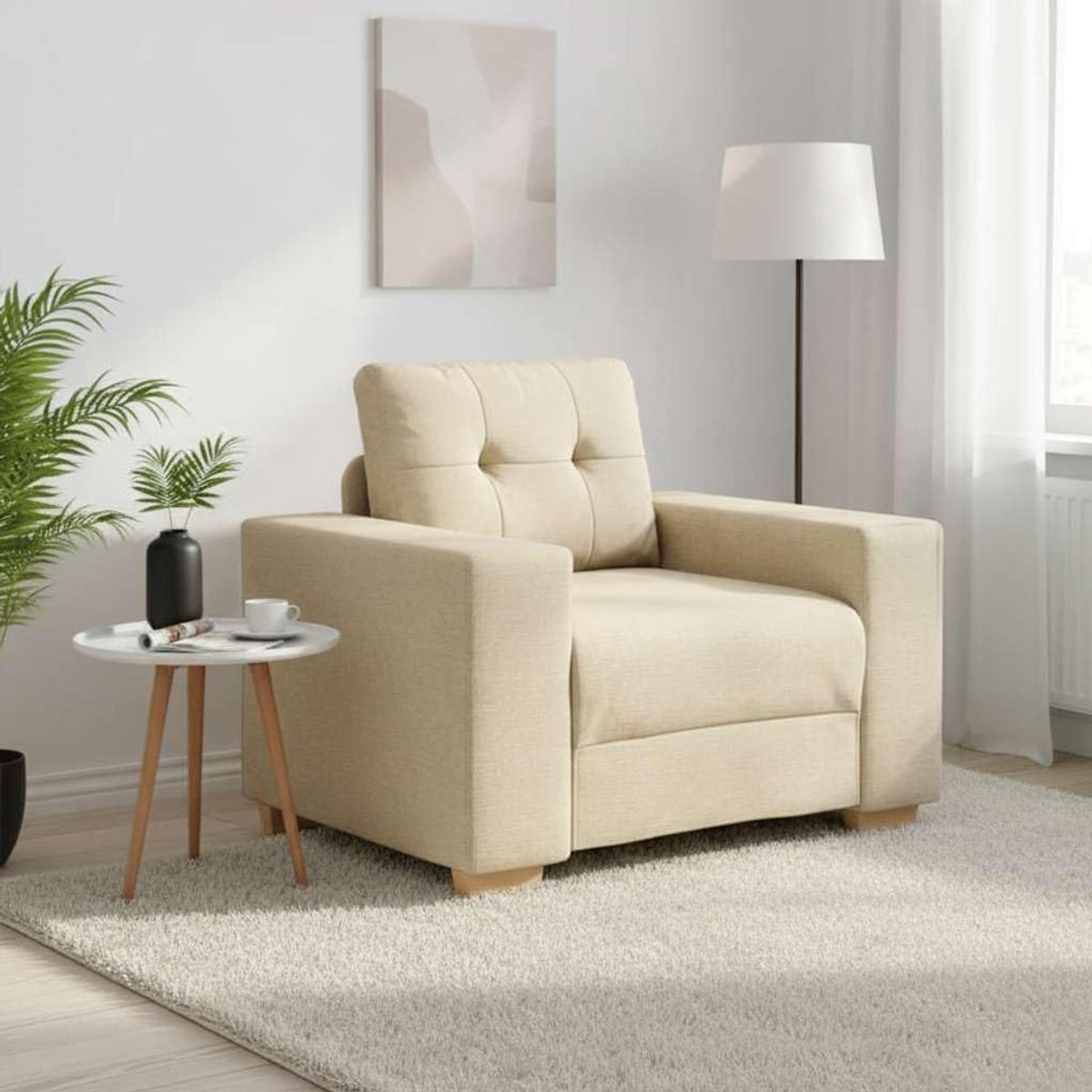Crème 60 cm stof relaxstoel met gevoerde schuimrubberen stoelen en vezelkussens voor woonkamer slaapkamer kantoor, robuust multiplex metalen frame, ademend
