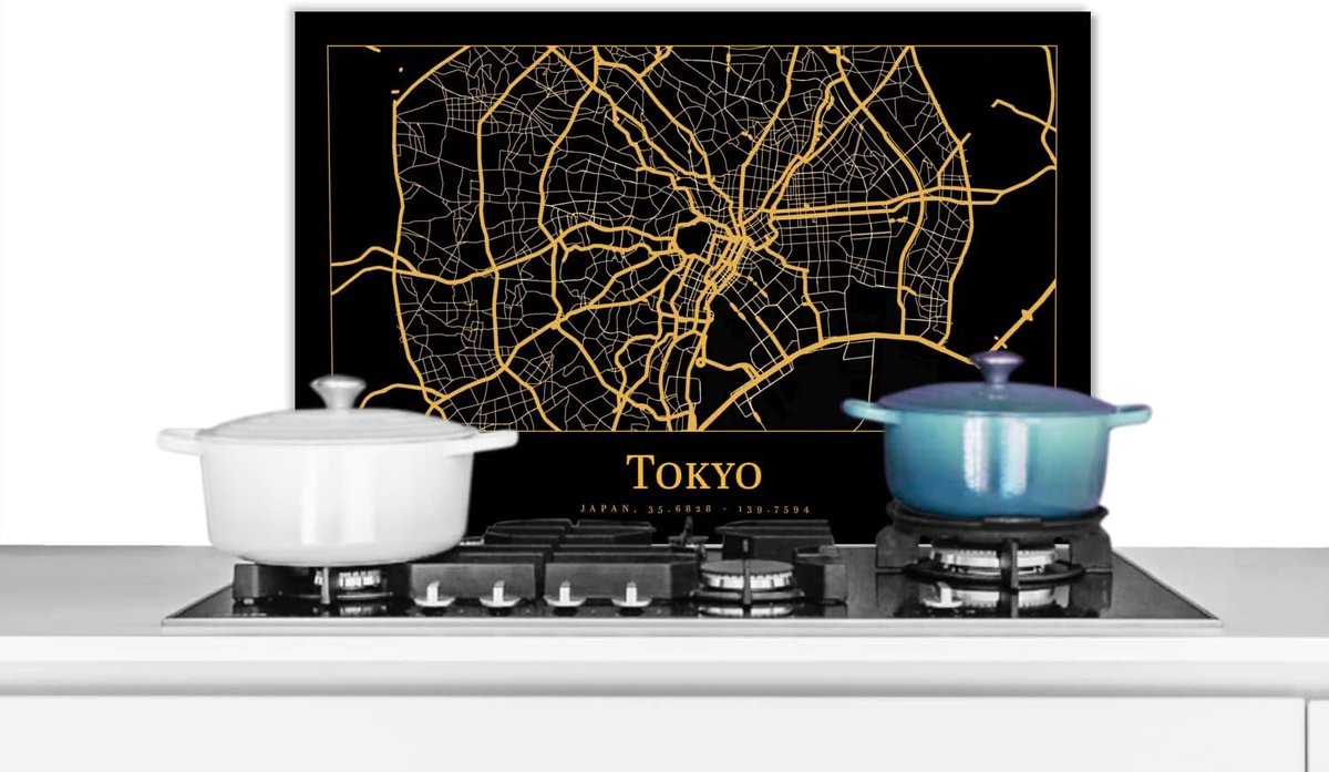 Spatscherm Keuken - 70x50 cm - Kaart - Tokyo - Goud - Zwart