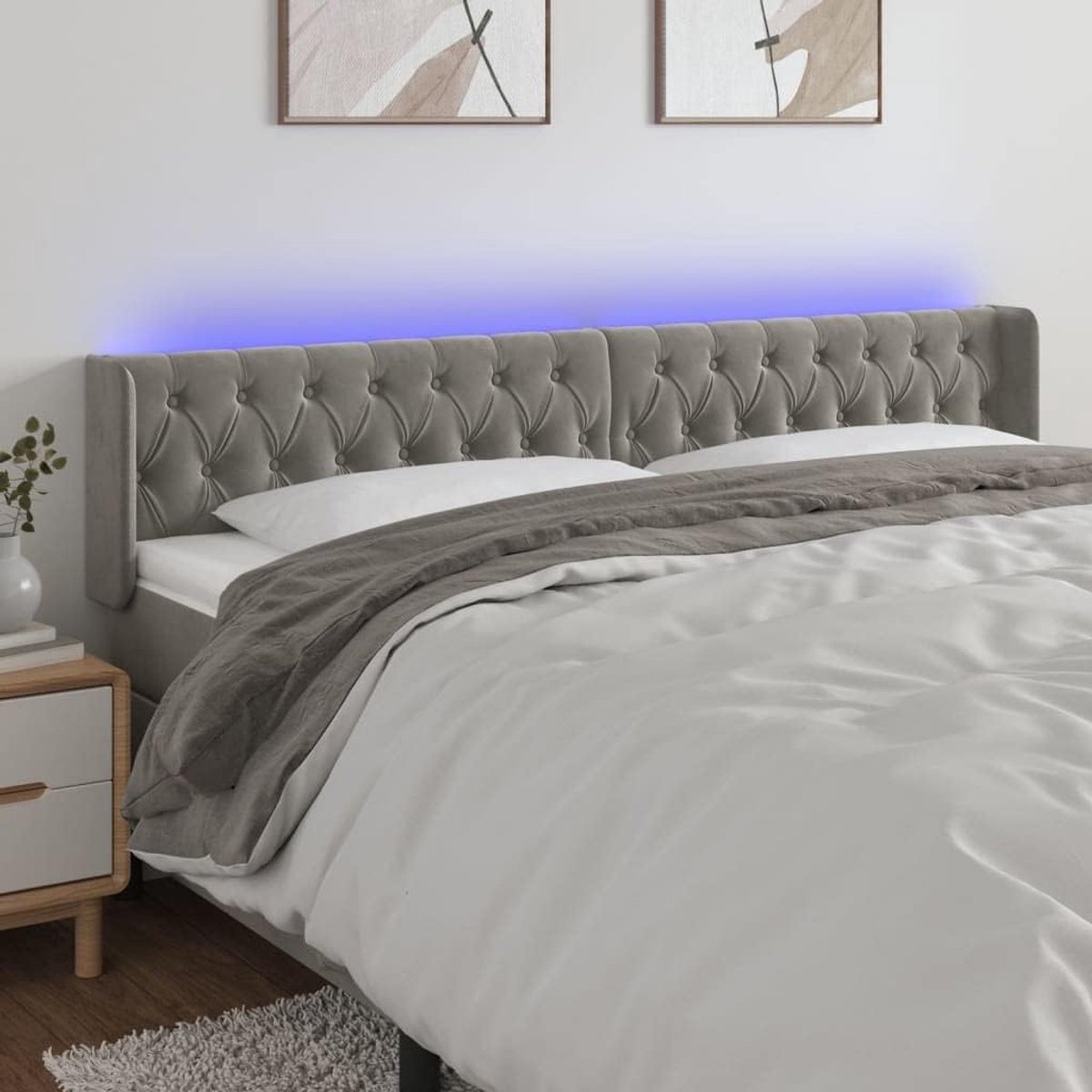 Hoofdeinde verstelbaar voor led-bed, lichtgrijs fluweel, 203 x 16 x 78/88 cm, met led-strip voor snijden en rugsteun