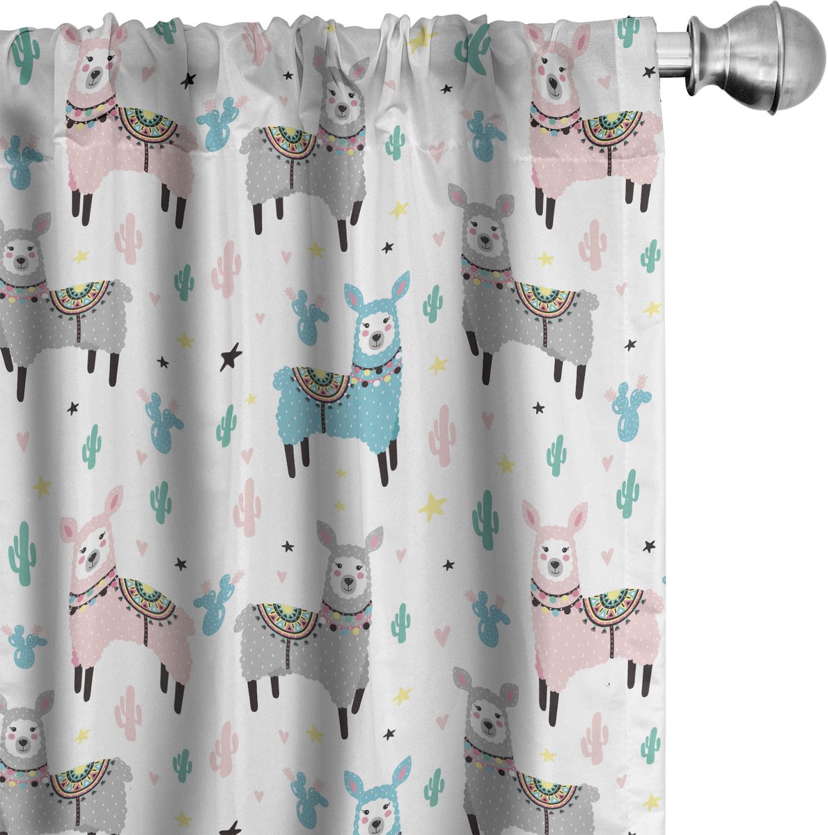 ABAKUHAUS Lama Raamgordijnen, Cactus en Orient Dieren, Lichtgewicht decoratieve 2-delige set met roedezak, 2 stuks 75 cm B x 175 cm L, Meerkleurig
