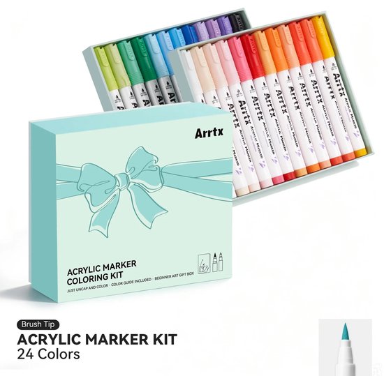 Een turquoise doos met een strik, met de tekst 'ARRTX ACRYLIC MARKER COLORING KIT'. Binnenin een open doos met 24 markers in verschillende kleuren.