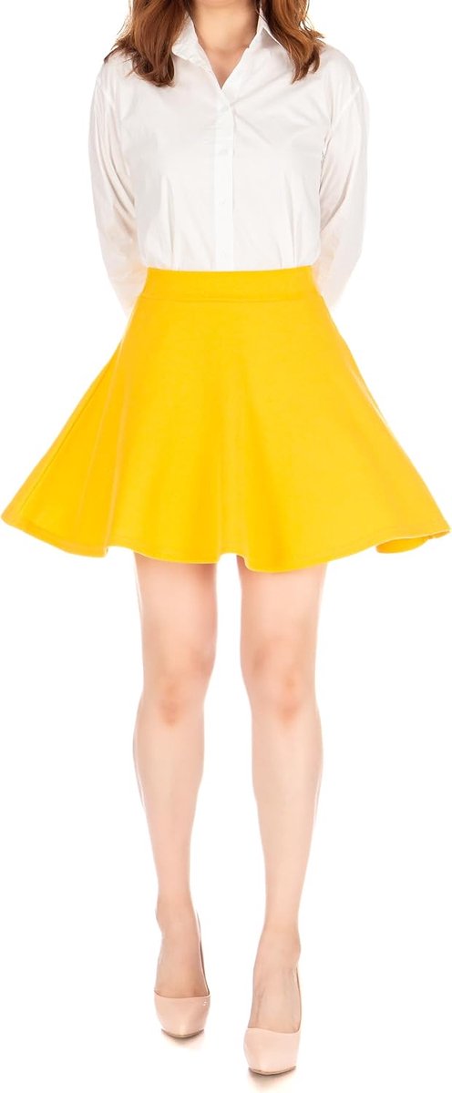 Solid Stretchy Cotton High Waist A-line Flared Skater Mini Skirt (S, Yellow)