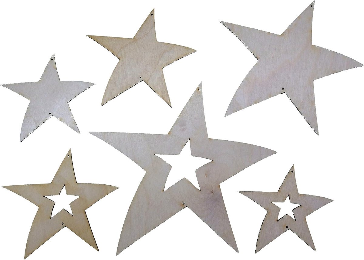 knutsel-News A-STH52SG55 decoratieset, 6-delige sterset in 3 verschillende maten en 2 designs, hout, natuur