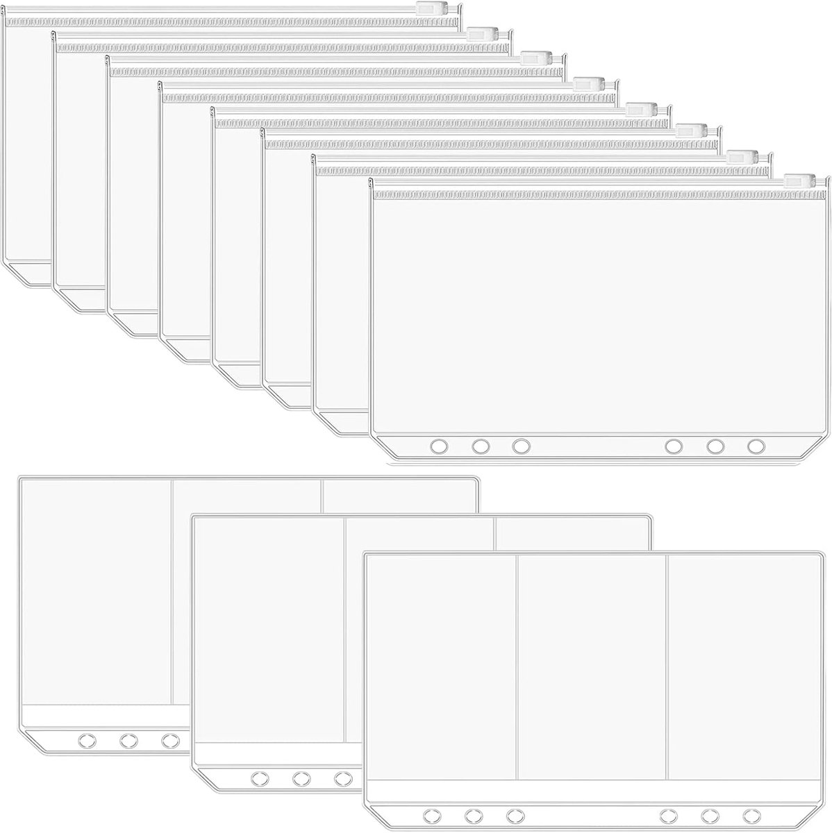 Bindvakken, 20 stuks, ritssluiting, met 5 stuks visitekaartjeshoezen (zonder ritssluiting), 6 gaten, kunststof, documenten, losse bladen, waterdicht, bestanden, bindzakken