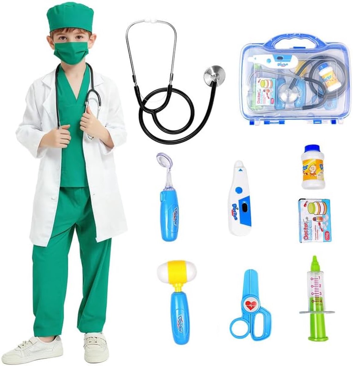Dokterskostuum voor kinderen met medicijndoos thermometer, stethoscoop, spuit, mondendoscoop, enz., Kinderkleding met laboratoriumjas voor Halloween.