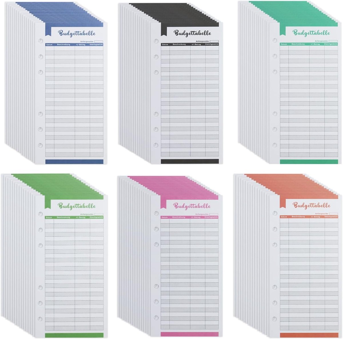 96 vellen huishoudplanner, Duits, 6 gaten huishoudplanningspapier, veelkleurig navulpapier, huishoudplanner, voor kassablanning, uitgavenregistratie (6 kleuren)