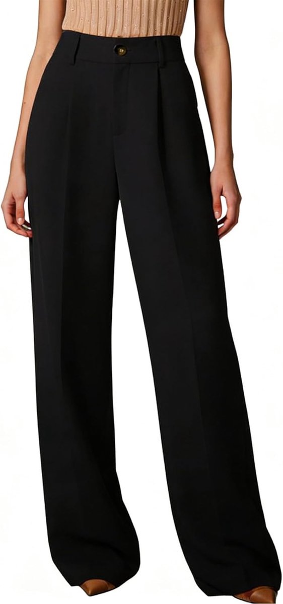 zakelijke broek voor dames, hoge taille, stoffen broek, vrijetijdsbroek, Palazzo broek, werkbroek met zakken en knopen
