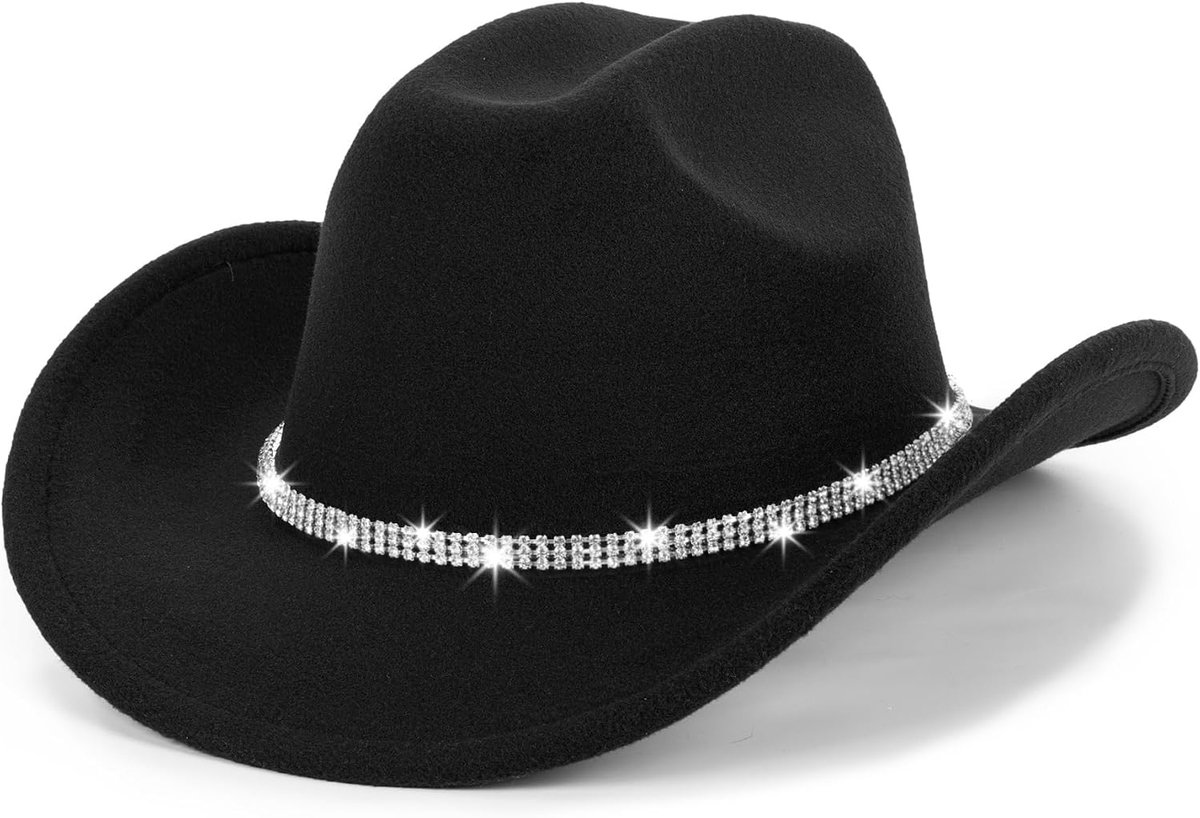 Westerse strass cowboy-cowgirl hoed Fedora jazz hoed met sprankelende band, Zwart met Strass Band, M