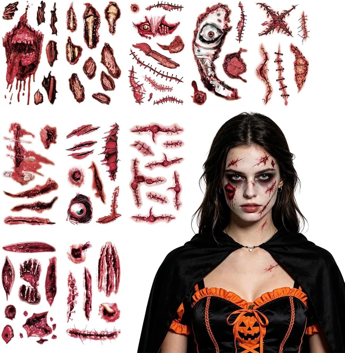 10 tatoeages voor Halloween, littekens, wondjes, realistisch, waterdicht, gezicht