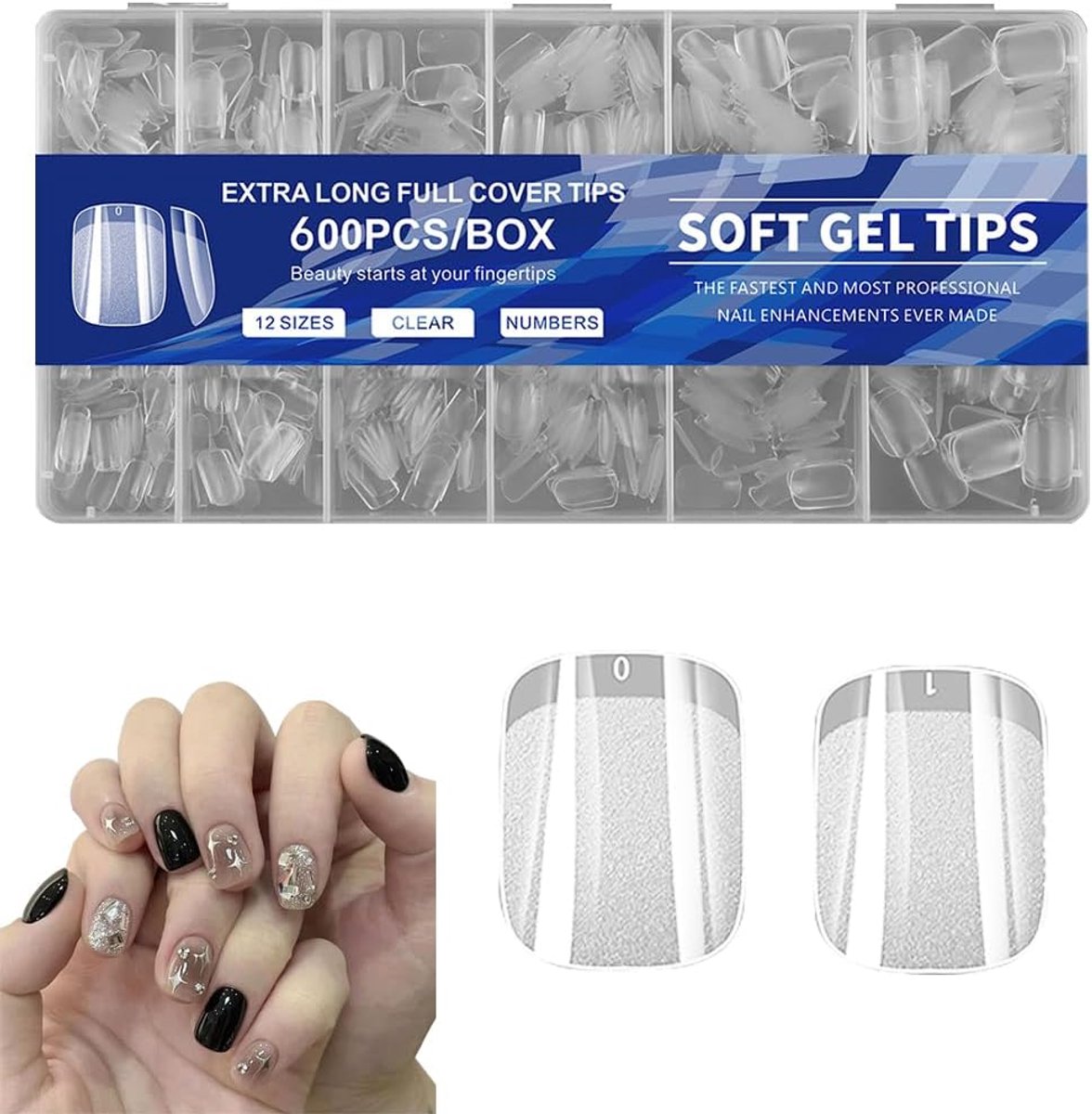 600 Stuks Soft Gel Tips Full Cover Kunstnagels Extra Lang Nageltips Half Matige Nagel Valse Nagels Manicure Tips Salon Nagelverlenging Met 12 Maten Genummerd (B)
