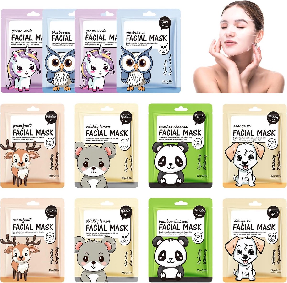 Maskers beauty gezichtsmasker kinderen doekmaskers set gezichtsmaskers dames gezichtsmaskers set gezichtsmaskers kinderen geschikt voor alle huidtypes, diepwerkend hydraterend