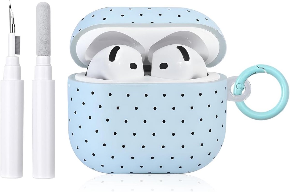 Compatibel met AirPods 4 Hoes met reinigingsset, schattig stippenpatroon, esthetisch golvend patroon, krasbestendige sleutelhangers, zachte hoes voor oordopjes en telefoon - blauw