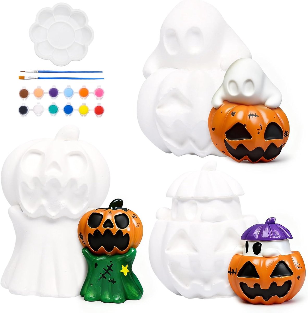 3 stuks Halloween knutselset voor kinderen, doe-het-zelf pompoen gipsfiguren om te beschilderen, voor kinderen met kleuren en kwasten, creatief cadeau voor herfst, Thanksgiving, Halloween