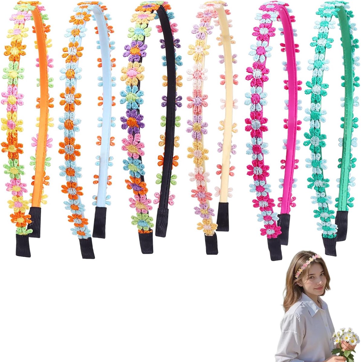 6 Stuks Haarbanden voor Meisjes - Mooie Bloemenontwerpen, Geschikt voor School, Feestjes en Dagelijks Gebruik, Verstelbaar en Comfortabel, Assortiment van Kleuren