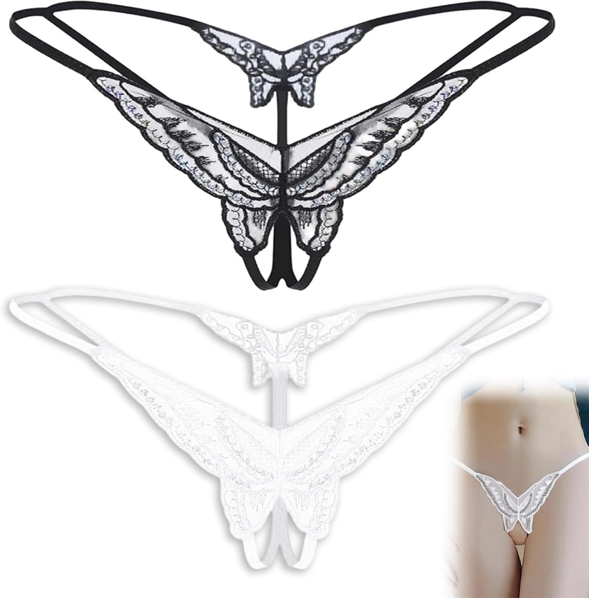 Lace Sexy String Ondergoed Set - 2 Stuks, Sexy Lingerie, V-Hals, Lage Taille, Open Slip, Ideaal voor Romantische Avonden