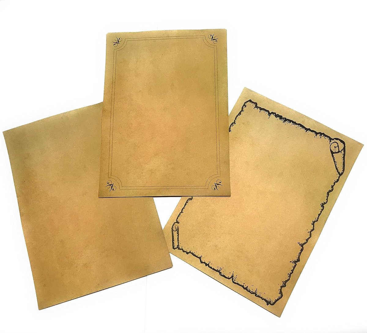 Bladeren in antieke look, voor certificaten, perkament, schatkaarten, ... 30 vellen, 3 modellen x 10, A4-formaat, gewicht: 90 g, vergeeld effect op voor- en achterkant