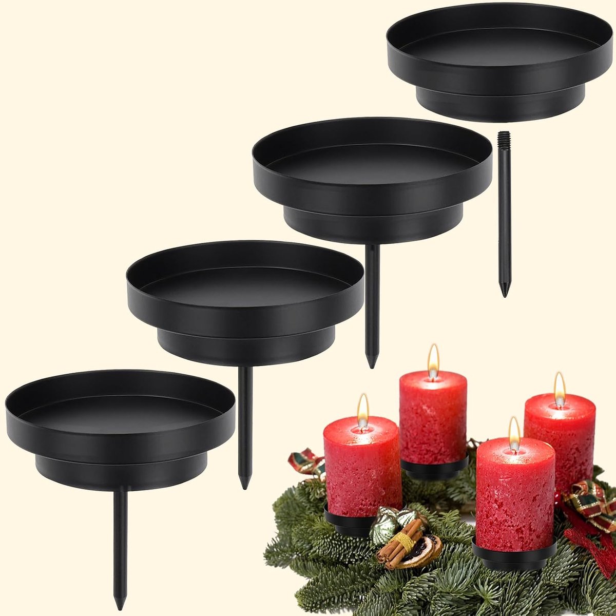 Adventskrans, stompkaarsen, 8 cm, adventskaarsenhouder, zwart, 2-in-1 kaarsenbord, metaal, afneembare kaarsenstekker voor adventskrans, borden, kerstdecoratie