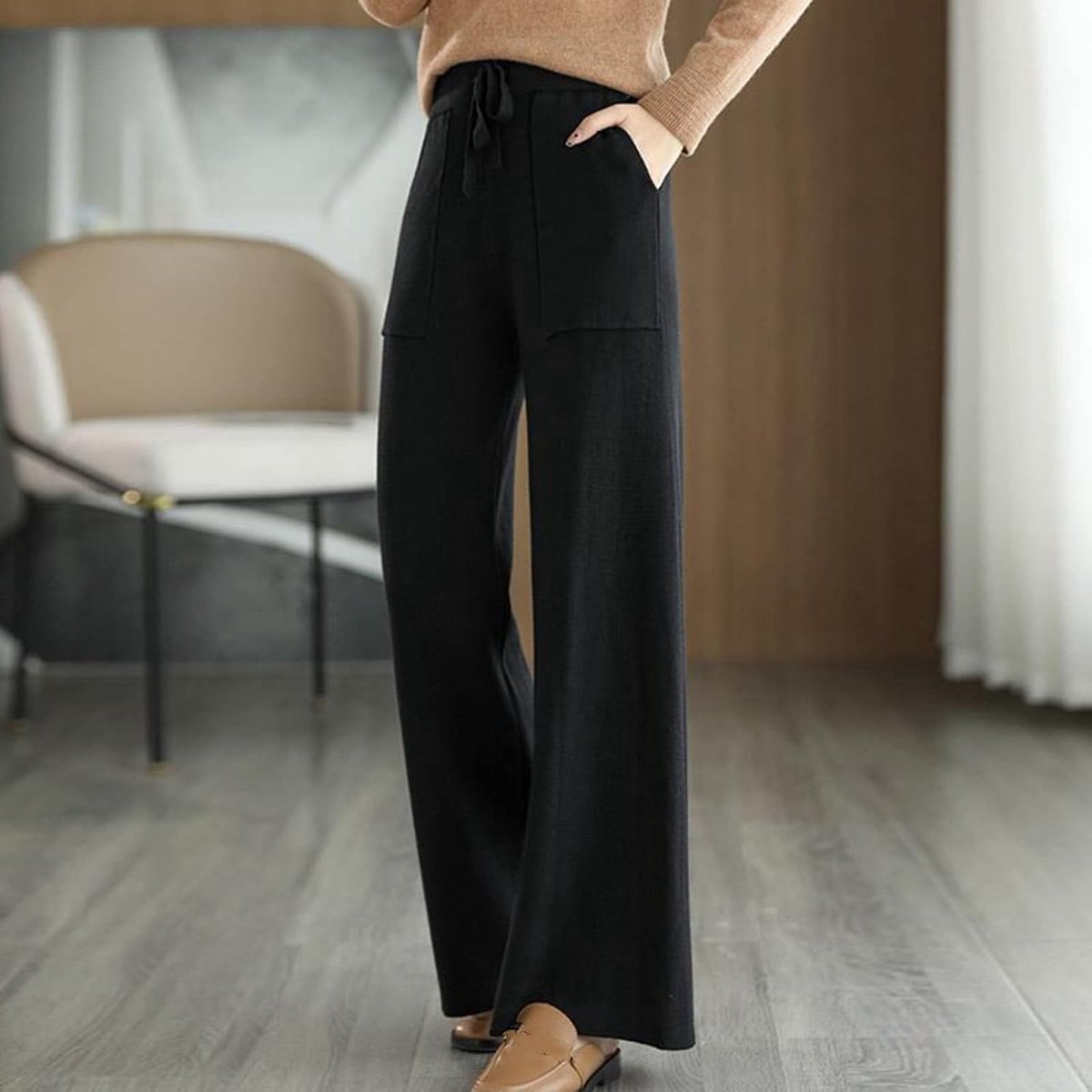 Kasjmier Broek - Herfst Winter Dames Rechte Pijpen Broek Mode Gebreide Wijde Pijpen Broek Met Zakken Warm Zwart Hoge Taille Dweilbroek Elegant Kerstmis Nieuwjaar Cadeau,Black,Xs