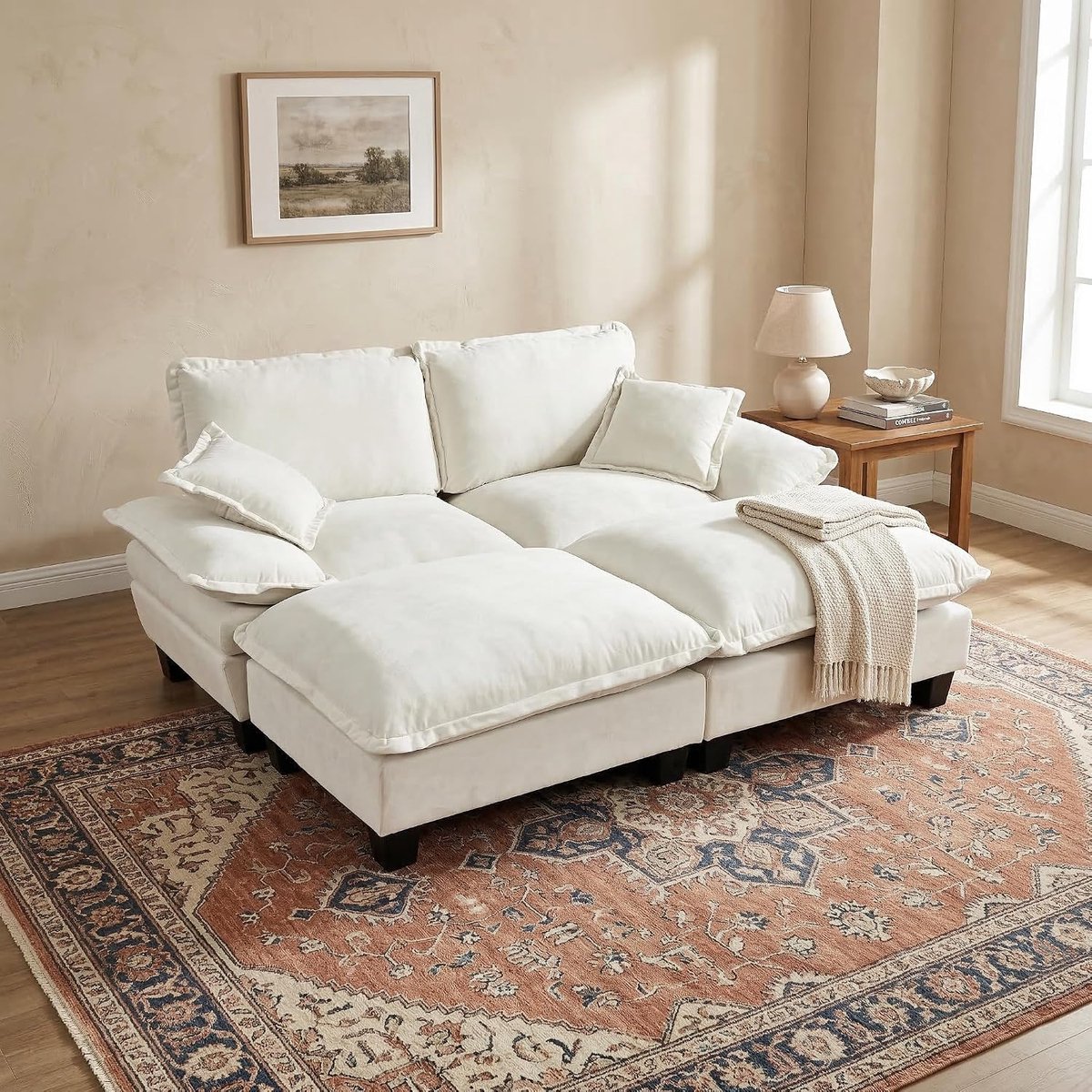 Hoekbank met Ottomanen - Modulaire Cloud Sofa met 2 kussens, brede armleuningen en modern design, beige, 2-zits+2 (beige, 2-zits+2)