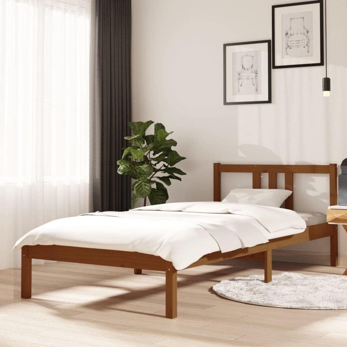 Bedframe massief grenen honingbruin 90x200 cm eenpersoonsbed met lattenbodem en hoofdeinde voor kleine ruimtes en kinderkamer, stabiel stevig bed frame naturel slaapkamer meubel